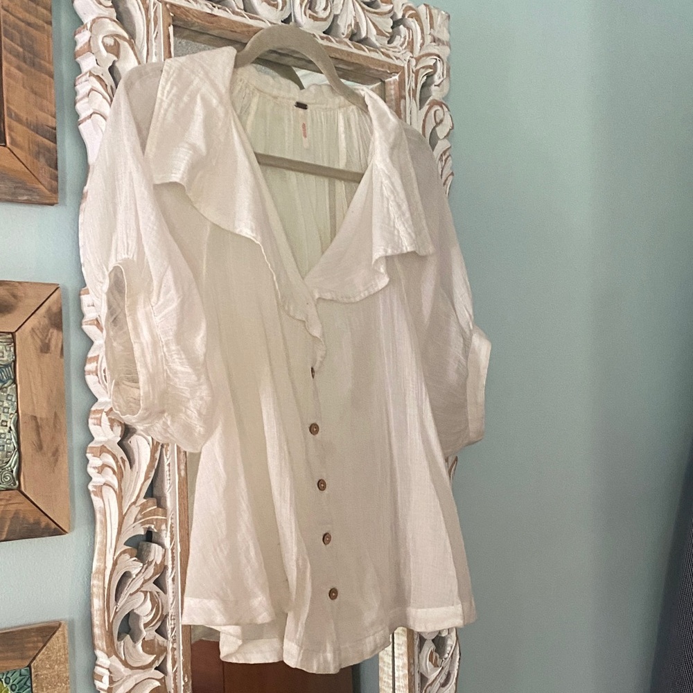 Free People Cream Ruffle Button-Up Blouse